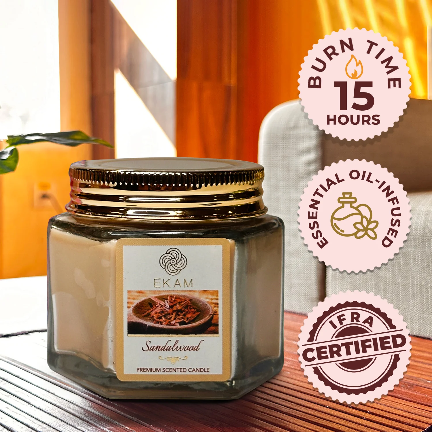 EKAM Sandalwood Scented Hexa Jar Candle - Image 5