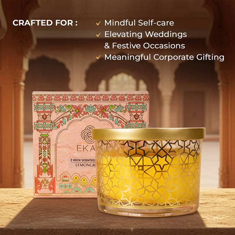 Lemongrass Scented 3 Wick Candle, 213 g| Festive Pink Haveli Collection, 2025-26 - Image 3