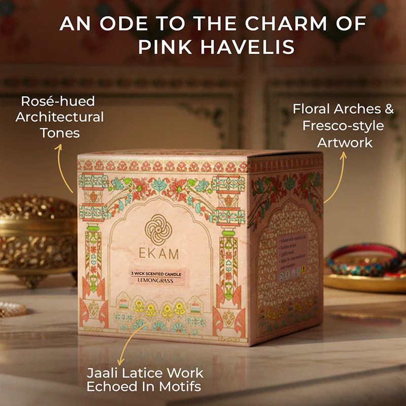 Lemongrass Scented 3 Wick Candle, 213 g| Festive Pink Haveli Collection, 2025-26 - Image 4