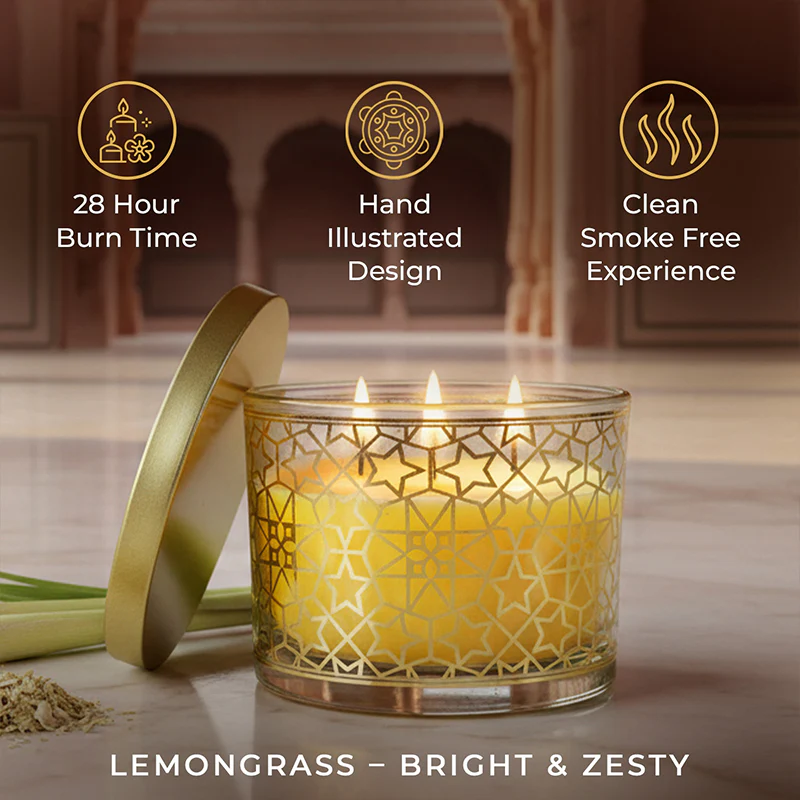 Lemongrass Scented 3 Wick Candle, 213 g| Festive Pink Haveli Collection, 2025-26 - Image 5