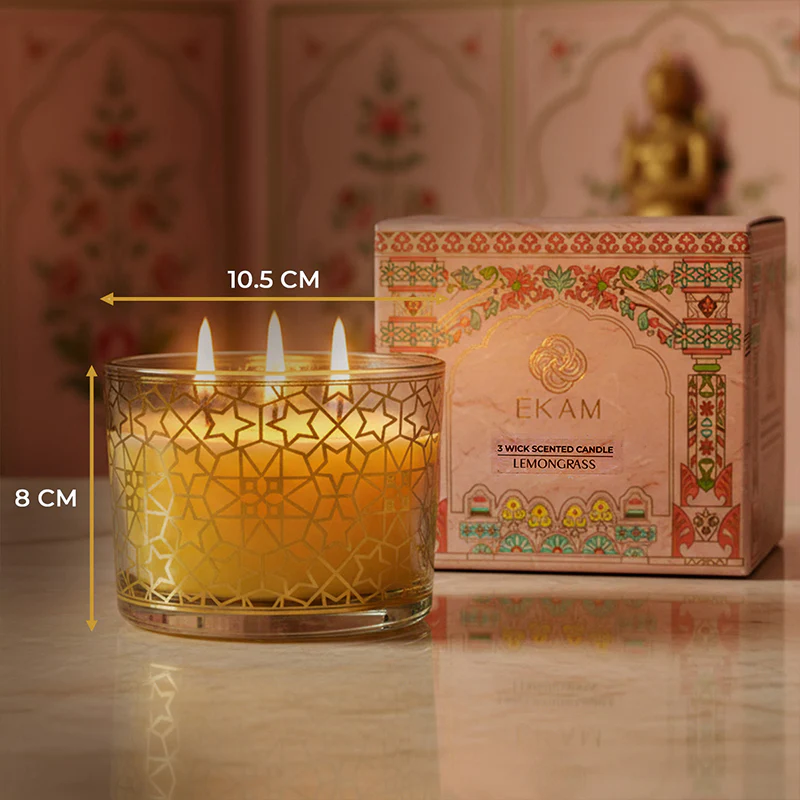 Lemongrass Scented 3 Wick Candle, 213 g| Festive Pink Haveli Collection, 2025-26 - Image 6
