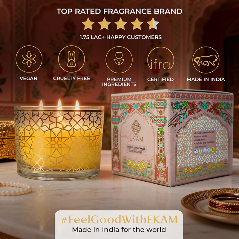 Lemongrass Scented 3 Wick Candle, 213 g| Festive Pink Haveli Collection, 2025-26 - Image 8