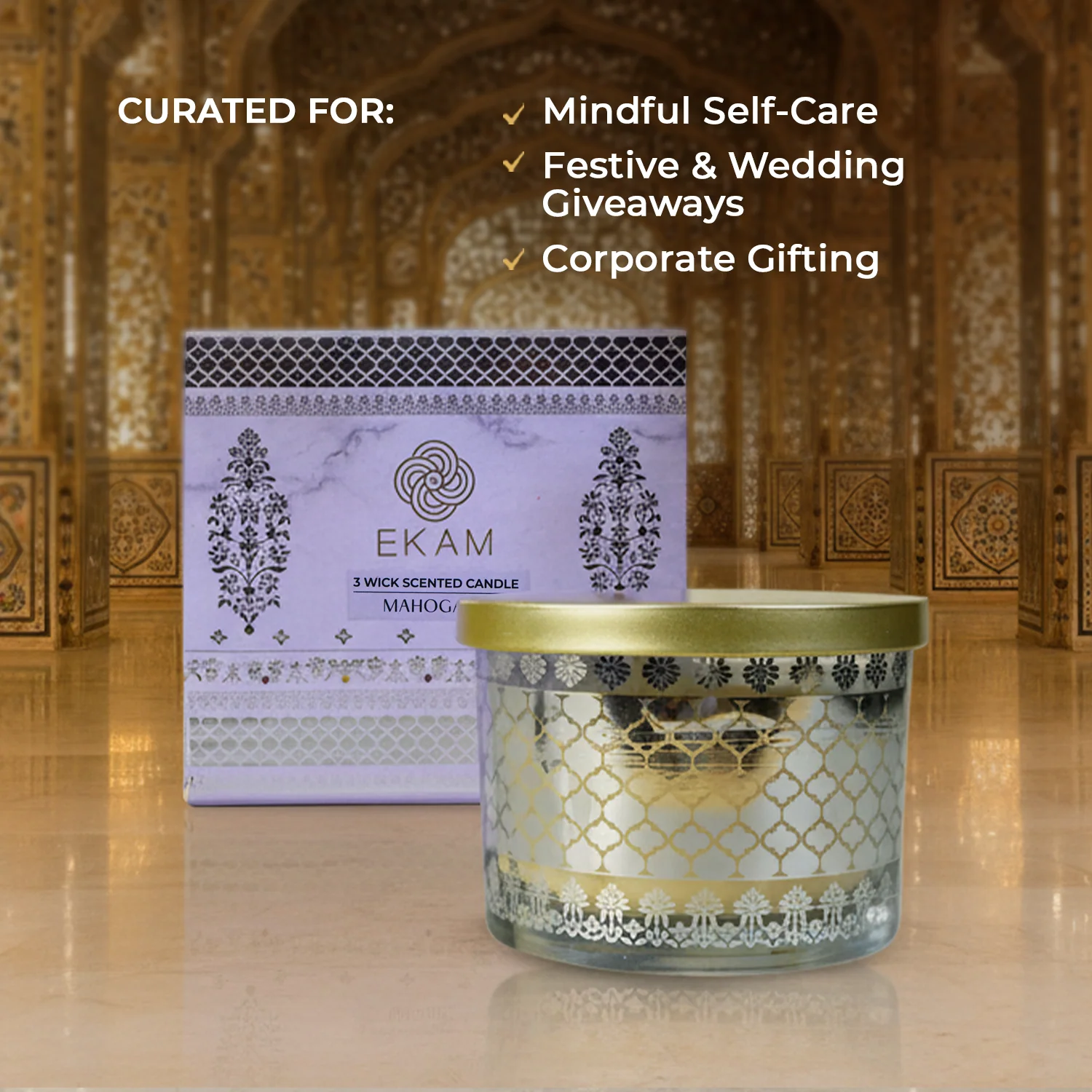 Mahogany Scented 3 Wick Candle, 213 g| Festive Sheesh Mahal Collection, 2025-26 - Image 3