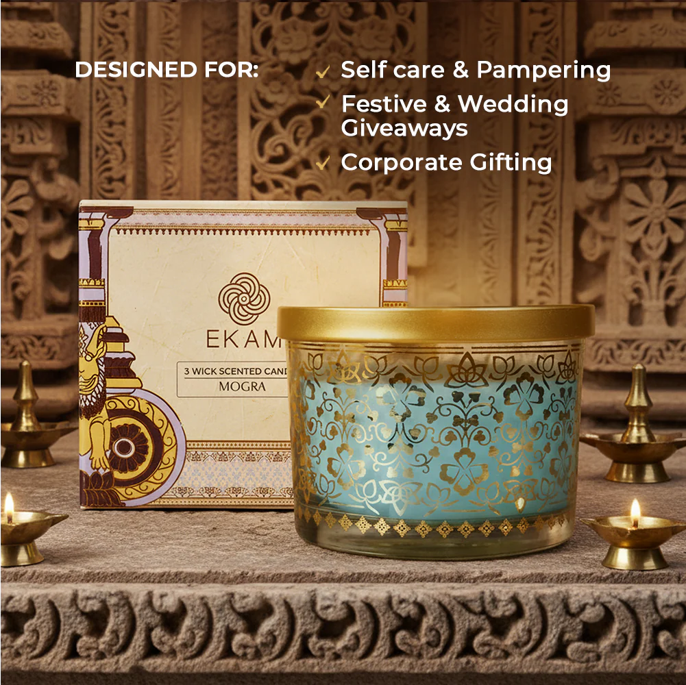 Mogra Scented 3 Wick Candle, 213 g| Festive Stone Palace Collection, 2025-26 - Image 3