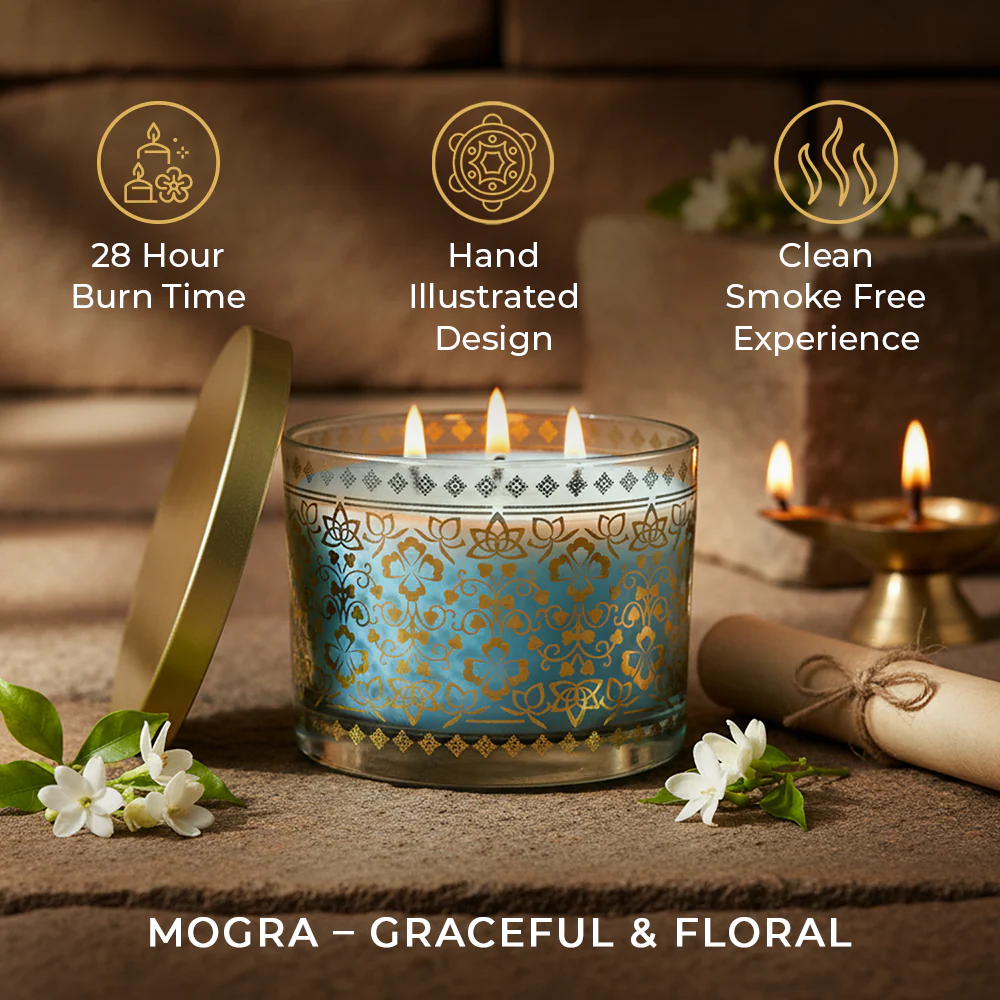 Mogra Scented 3 Wick Candle, 213 g| Festive Stone Palace Collection, 2025-26 - Image 5