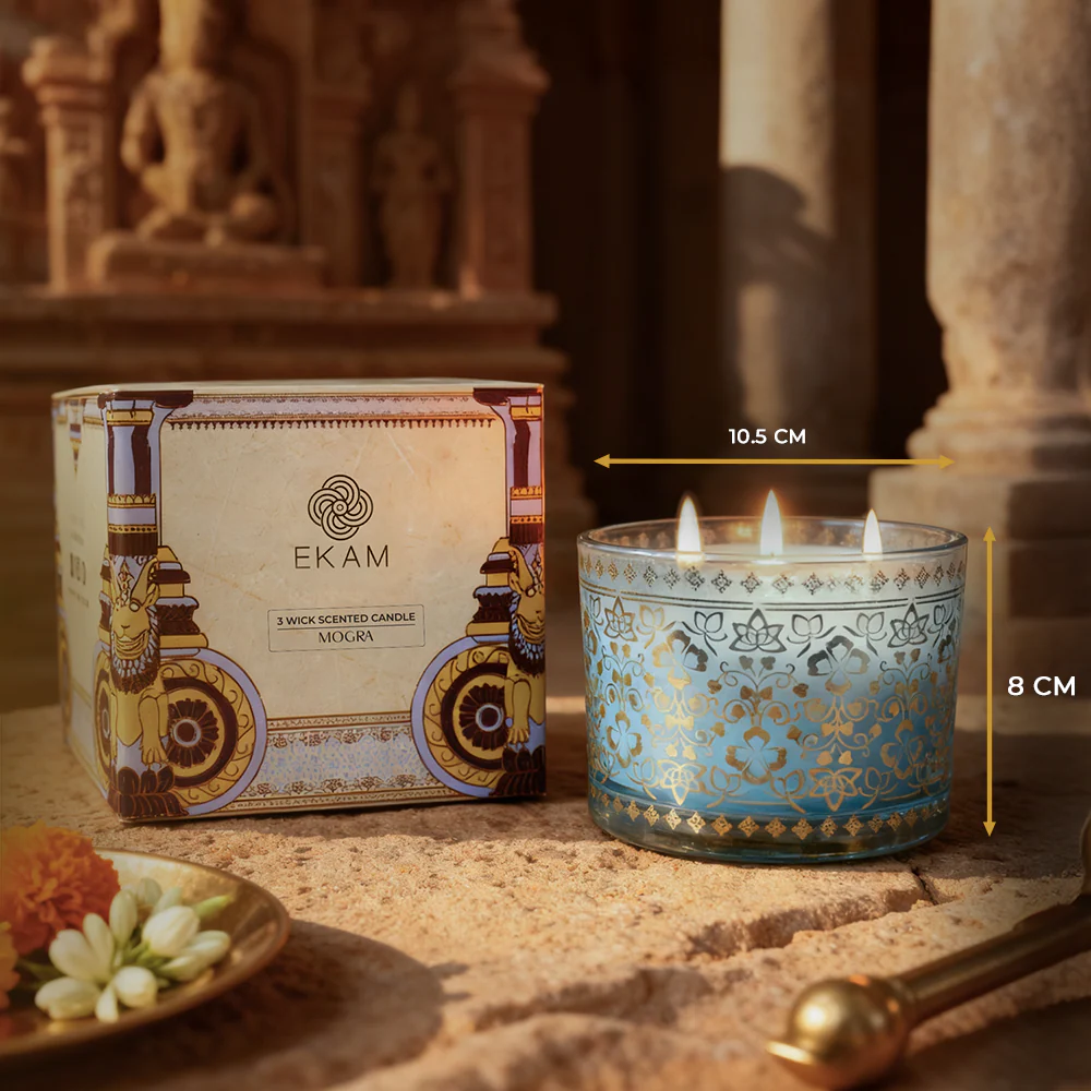 Mogra Scented 3 Wick Candle, 213 g| Festive Stone Palace Collection, 2025-26 - Image 6