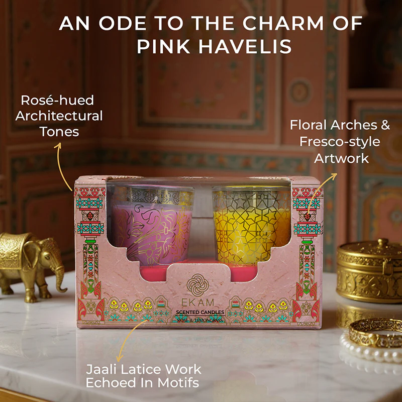 Pack of 2 Scented Votive Candles| Lemongrass, Rose| Festive Pink Haveli Collection, 2025-26 - Image 4