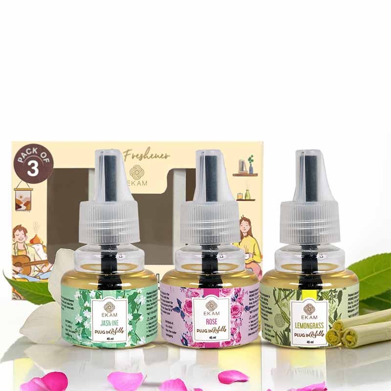 Pack of 3 Scented Air Freshener Plug-In Refill | Rose,  Lemongrass & Jasmine | 45 Ml Each
