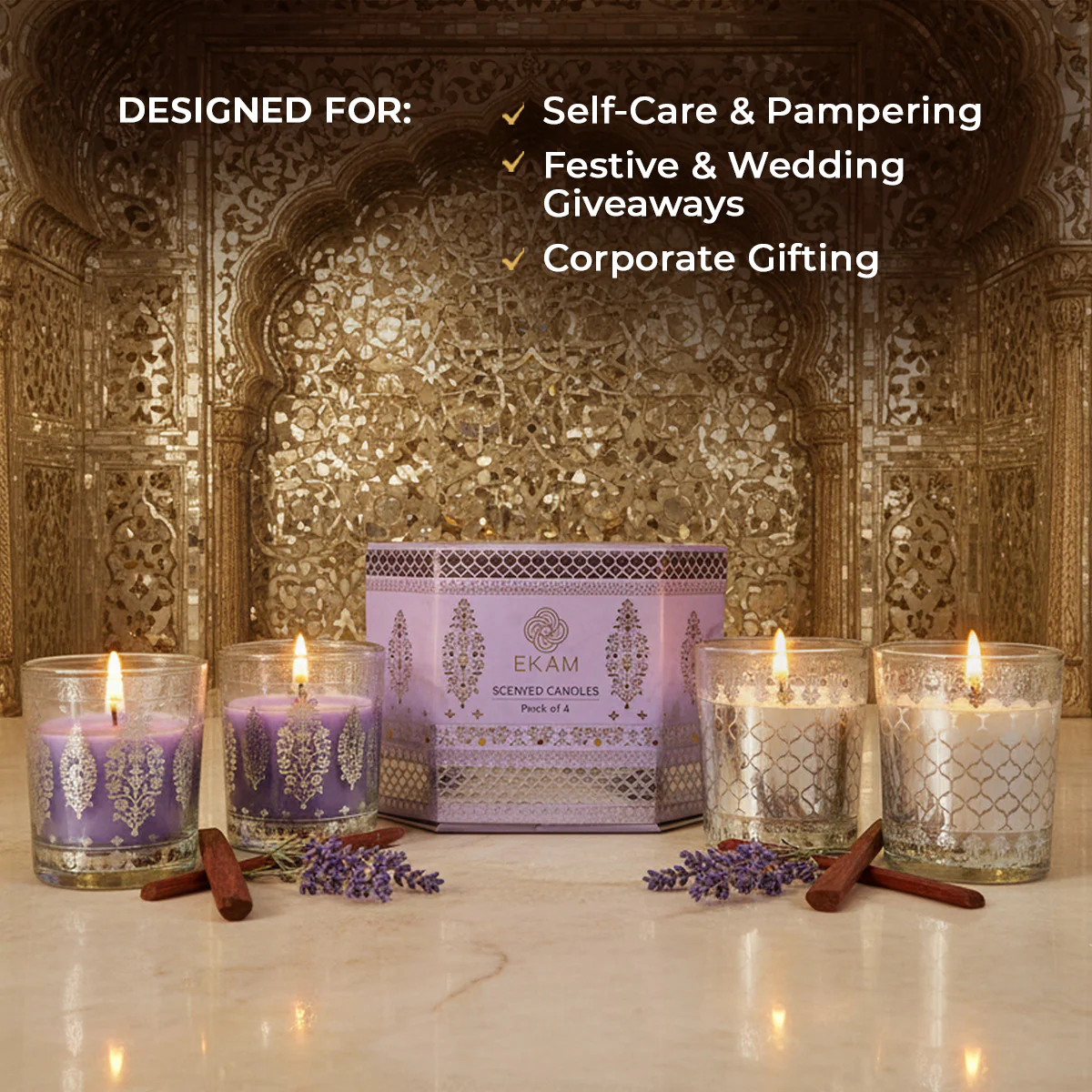Pack of 4 Scented Votive Candles| Lavender, Mahogany| Festive Sheesh Mahal Collection, 2025-26 - Image 3