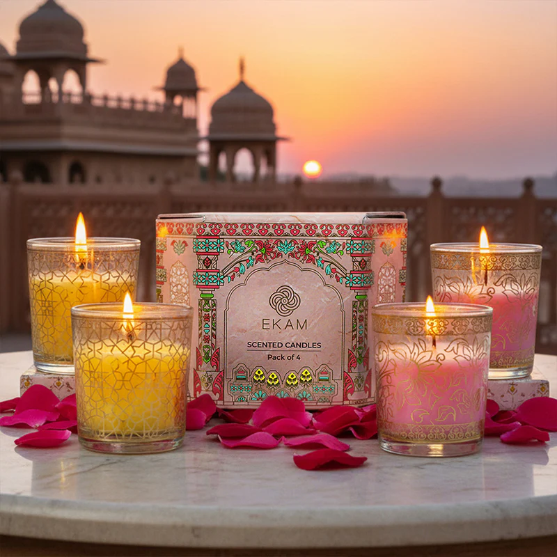 Pack of 4 Scented Votive Candles| Lemongrass, Rose| Festive Pink Haveli Collection, 2025-26 - Image 2
