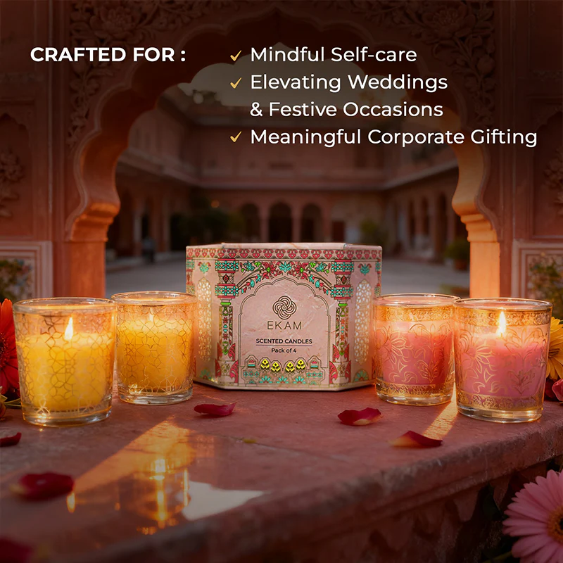 Pack of 4 Scented Votive Candles| Lemongrass, Rose| Festive Pink Haveli Collection, 2025-26 - Image 3