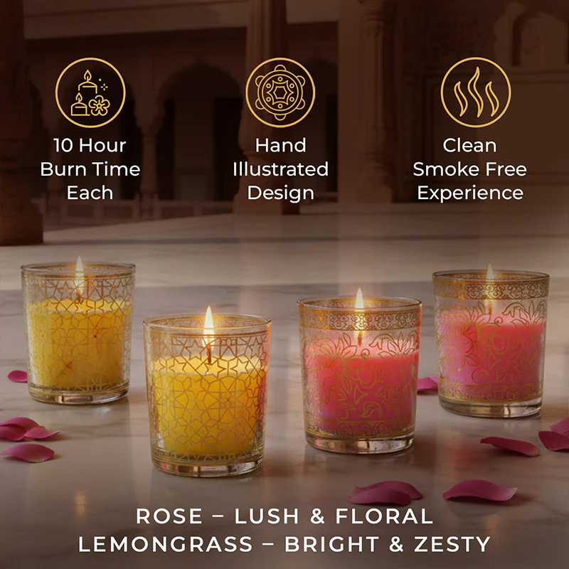 Pack of 4 Scented Votive Candles| Lemongrass, Rose| Festive Pink Haveli Collection, 2025-26 - Image 5