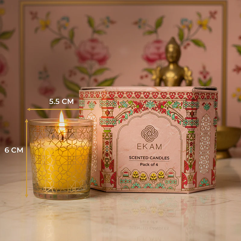 Pack of 4 Scented Votive Candles| Lemongrass, Rose| Festive Pink Haveli Collection, 2025-26 - Image 6