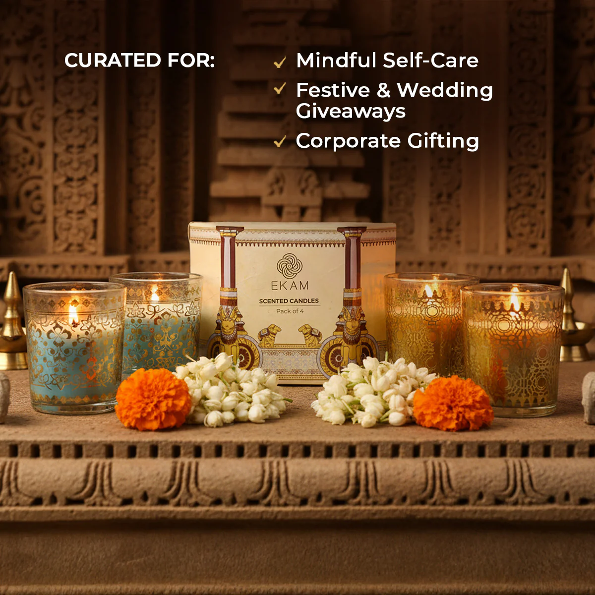 Pack of 4 Scented Votive Candles| Mogra, Temple Bloom| Festive Stone Palace Collection, 2025-26 - Image 3