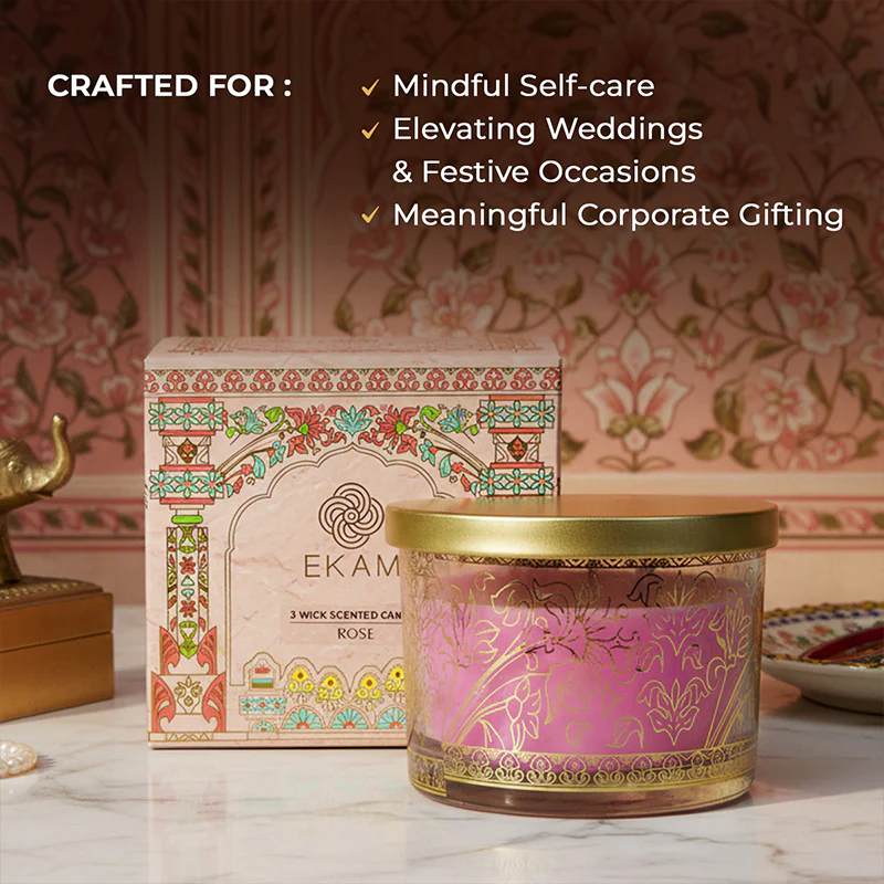 Rose Scented 3 Wick Candle, 213 g| Festive Pink Haveli Collection, 2025-26 - Image 3