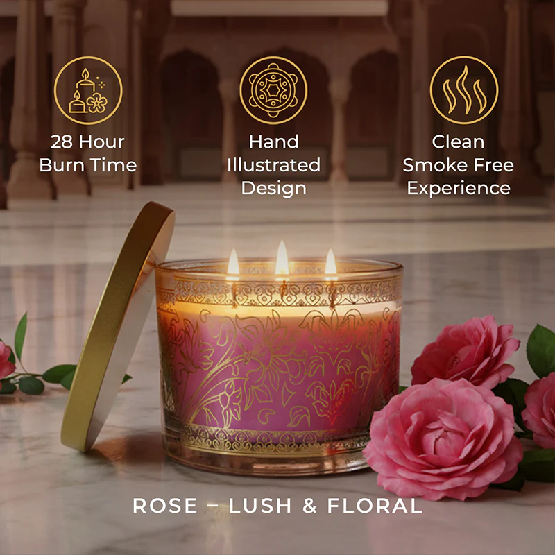 Rose Scented 3 Wick Candle, 213 g| Festive Pink Haveli Collection, 2025-26 - Image 5