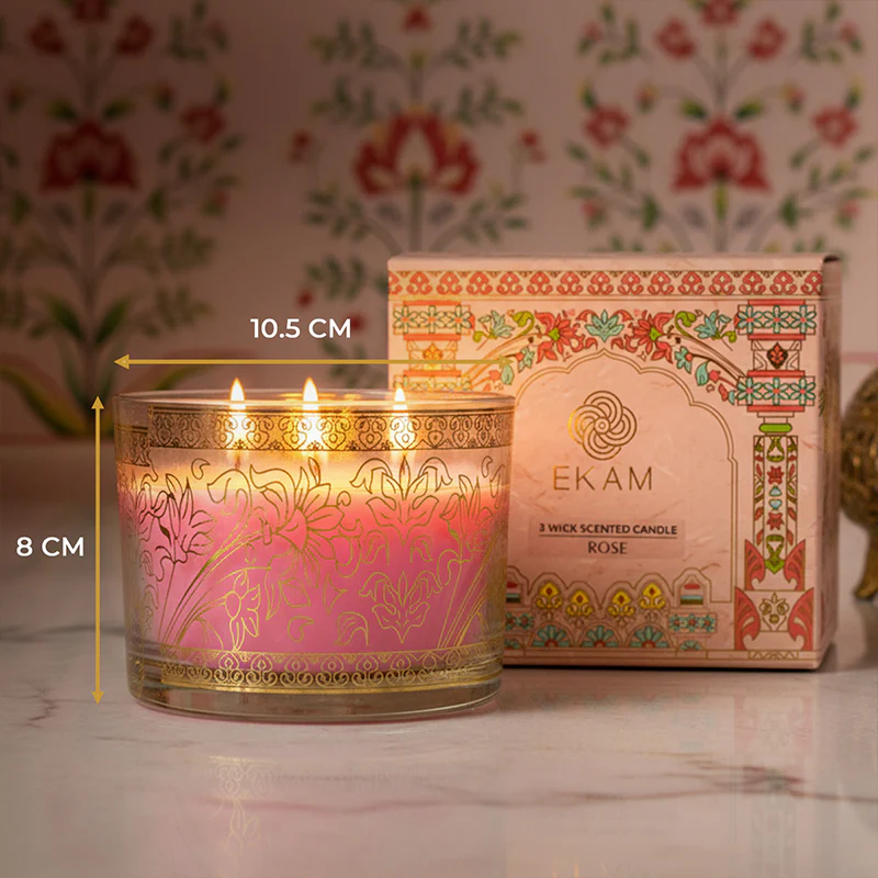 Rose Scented 3 Wick Candle, 213 g| Festive Pink Haveli Collection, 2025-26 - Image 6