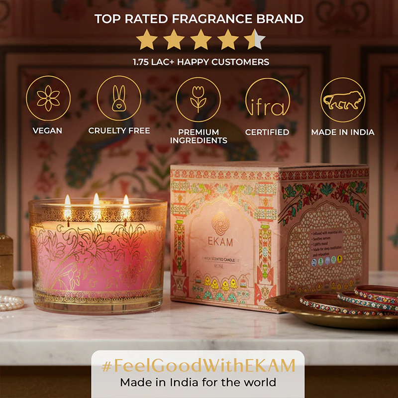 Rose Scented 3 Wick Candle, 213 g| Festive Pink Haveli Collection, 2025-26 - Image 8